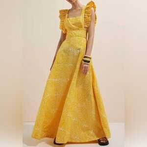 Anthropology Sika Marigold Yellow and White Floral Ruffle-Shoulder Maxi Dress